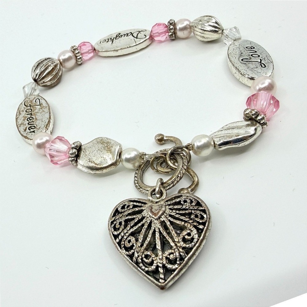 Vintage Silver Tone Daughter Love Forever Charm Bracelet Pink Crystal Beaded 90s